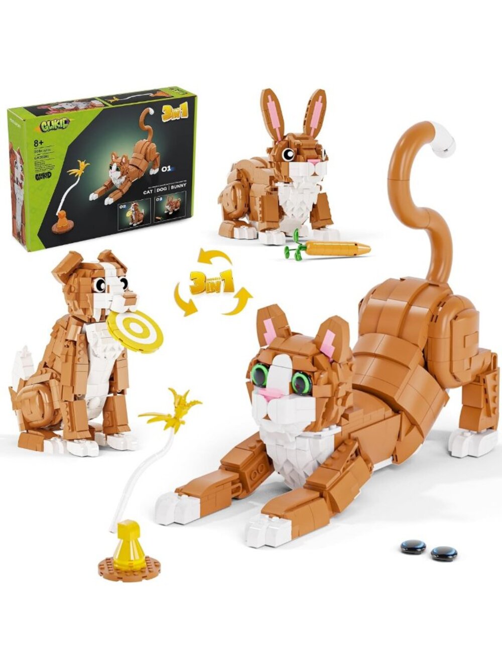 3-in-1 Orange Cat Building Set | Create Cat, Dog & Rabbit Models - Fun Toy!